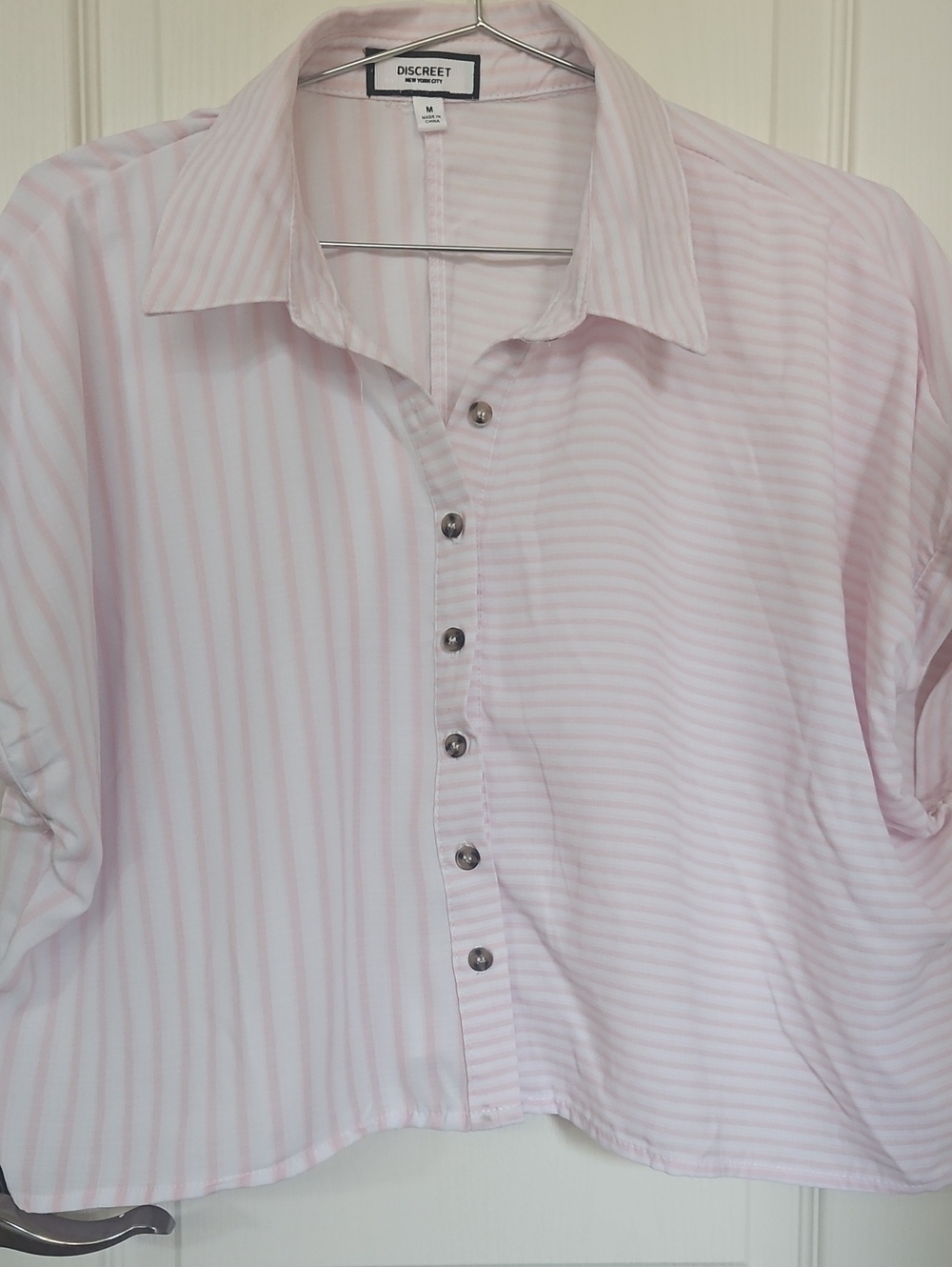 Women Crop Top Light Pink Striped Button-Down Shirt